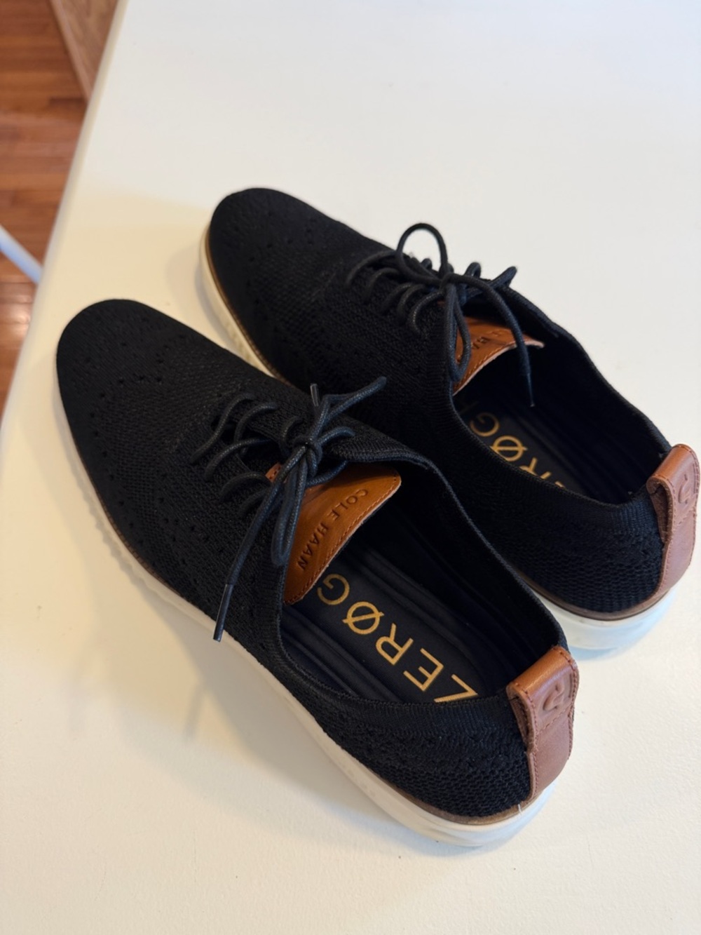 Cole Haan ZEROGRAND Black Knit Loafers with Tan Heel Tabs Sz 13.  Tub6